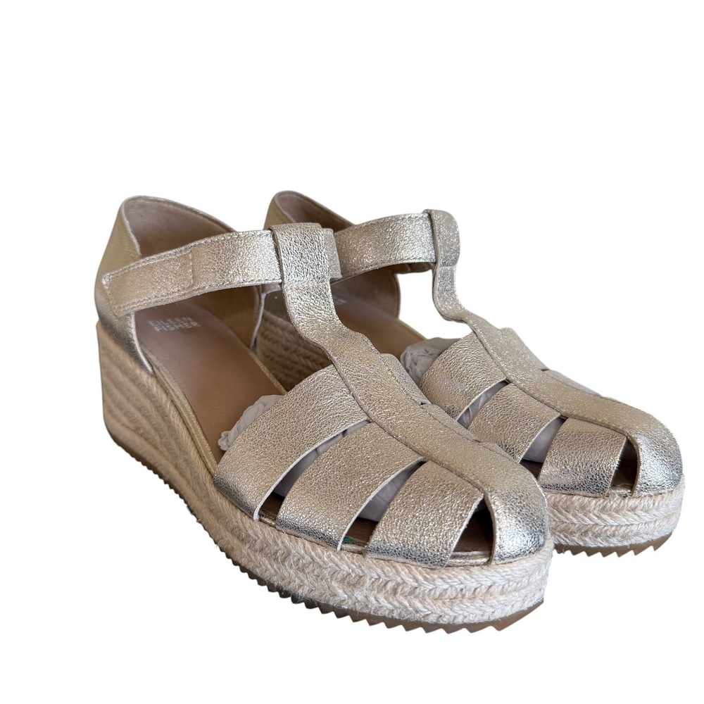 Eileen Fisher Espadrille Wedge Sandal Women 9 silver Good Metallic Fisherman